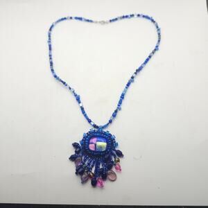 Blue Beaded Necklace Iridescent Fringe Pendant Boho Statement Wearable Art Piece